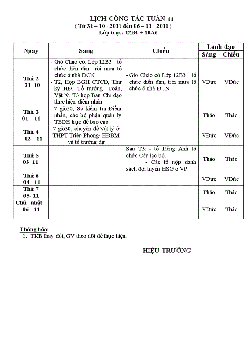 Lịch công tác tuần 11