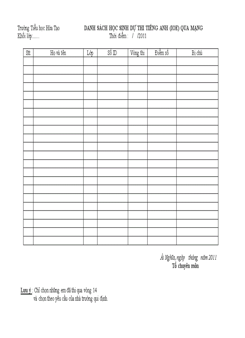 Mẫu lập danh sách học sinh dự thi tiếng Anh