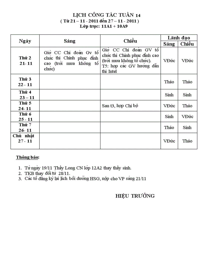 Lịch công tác tuần 14