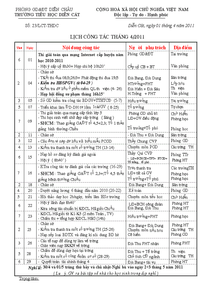 Lịch công tác tháng 4 năm 2011