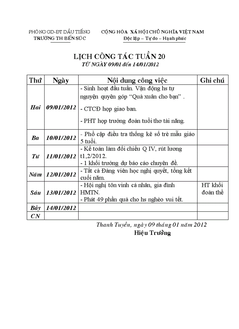 Lịch công tác tuần 20 NH 11 12