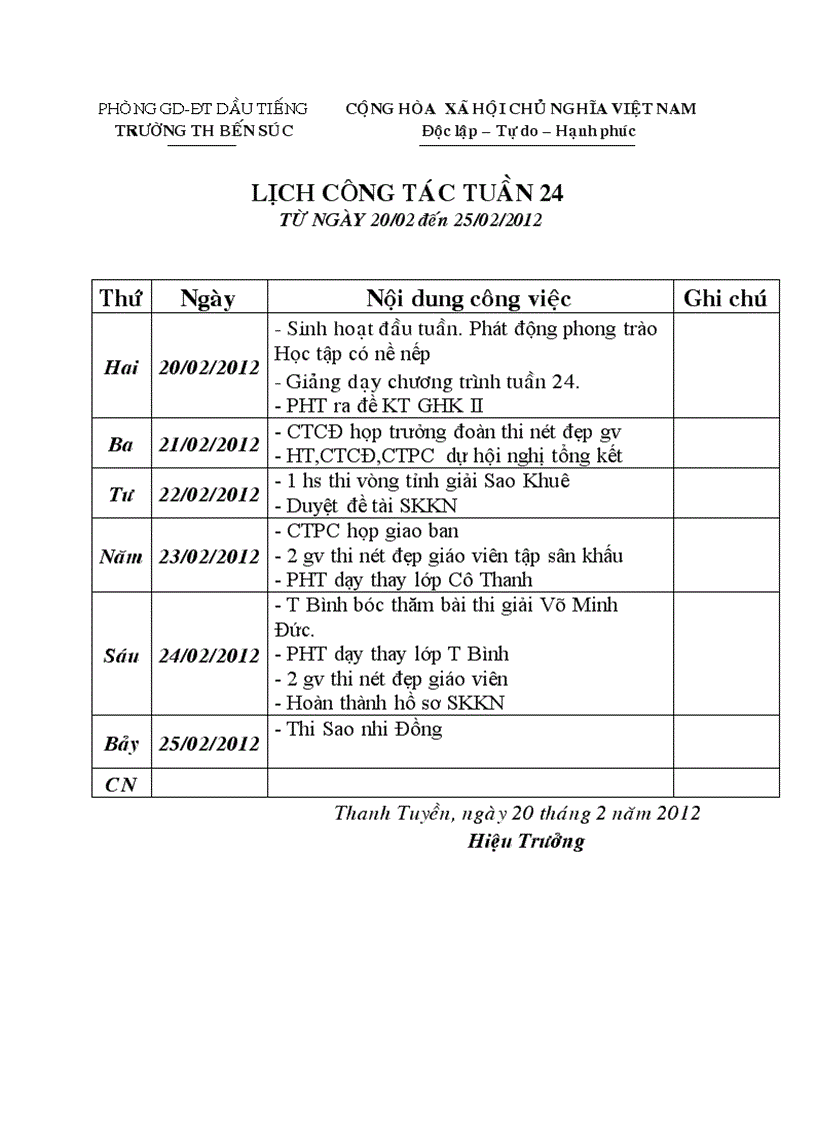 Lịch công tác tuần 24 NH 11 12