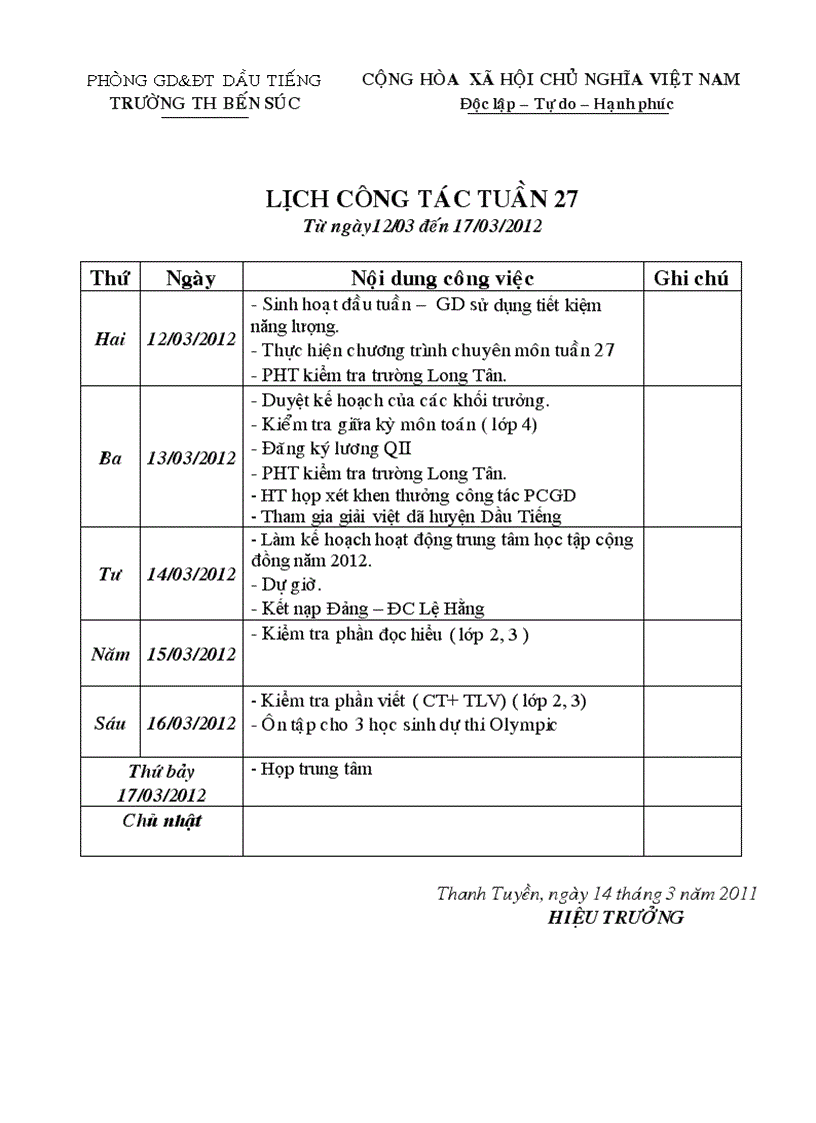 Lịch công tác tuần 27 NH 11 12