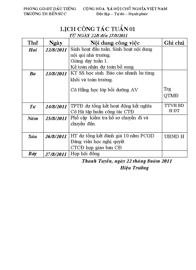 Lịch công tác tuần 1 NH 11 12