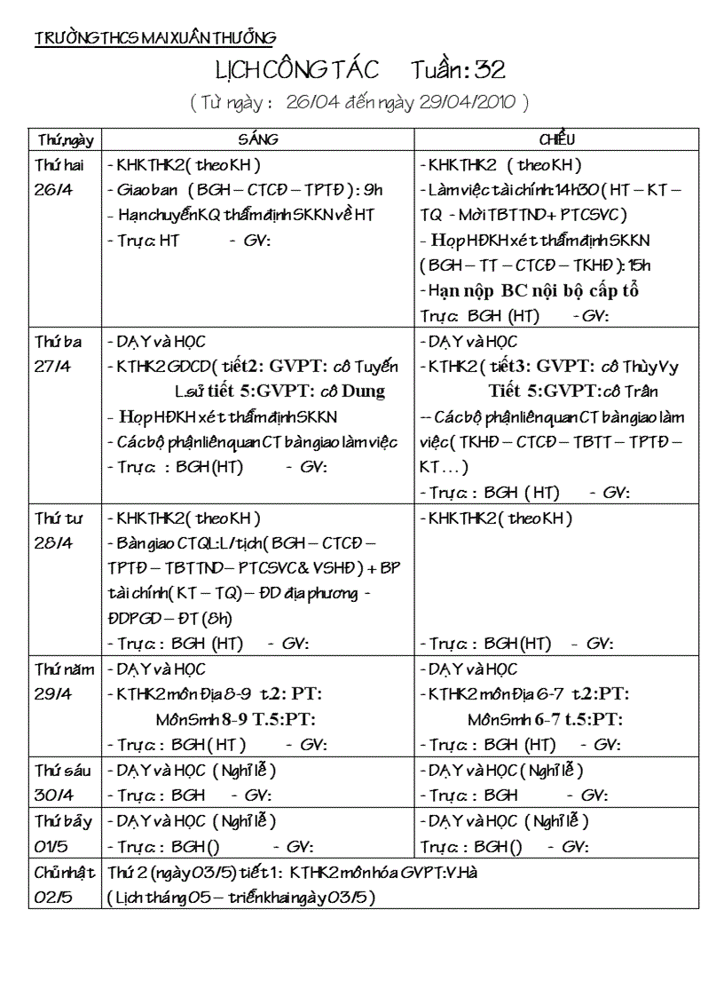 LLịch công tác tuần 32