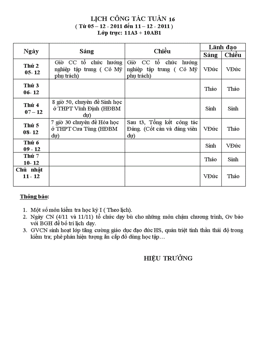 Lịch công tác tuần 16