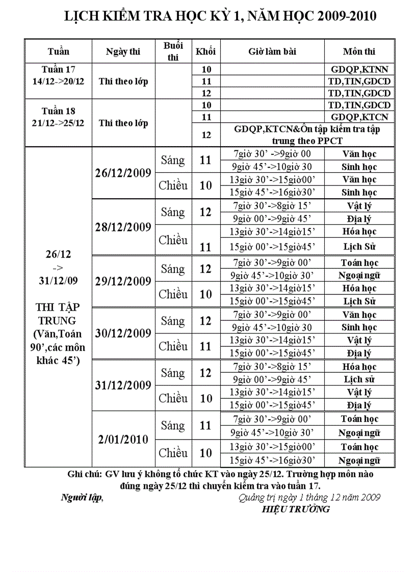 Lịch thi hki 09 10 thpttxqt