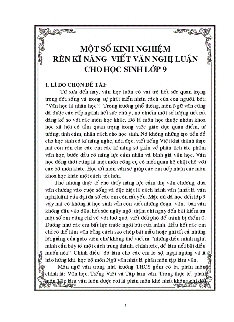 Một số kinh nghiệm rèn kĩ năng viết văn nghị luận cho học sinh lớp 9