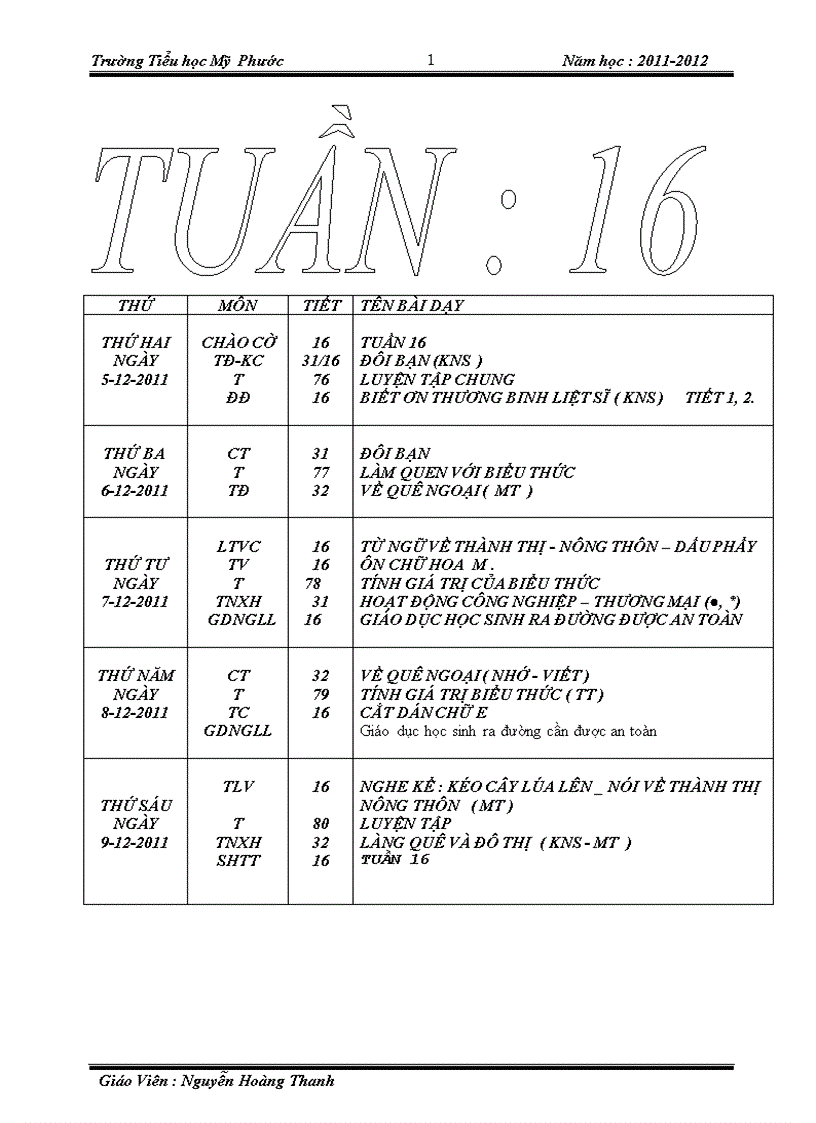 Lớp 3 tuần 16 năm 2011 2012