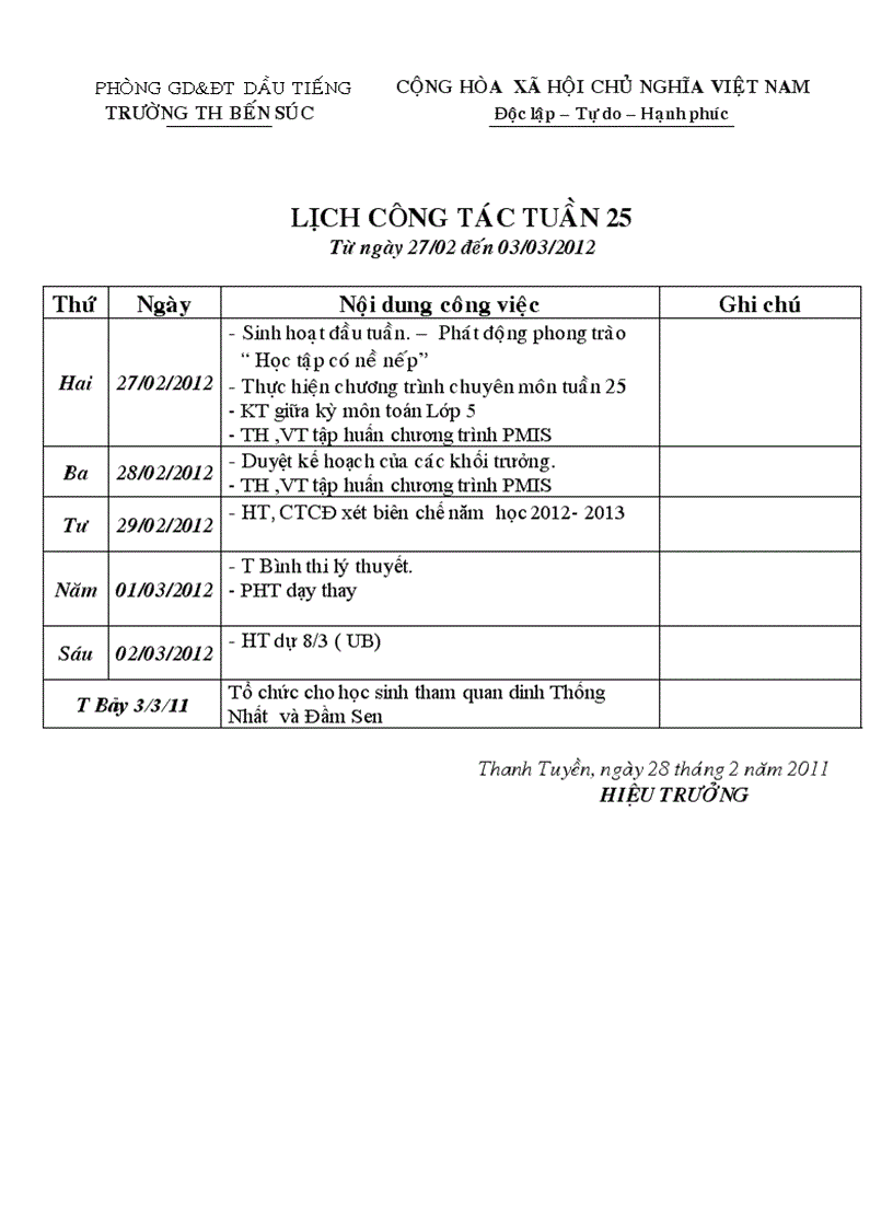 Lịch công tác tuần 25 NH 11 12