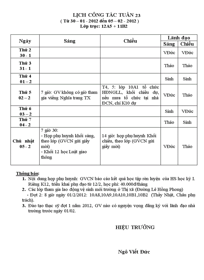 Lịch công tác tuần 23