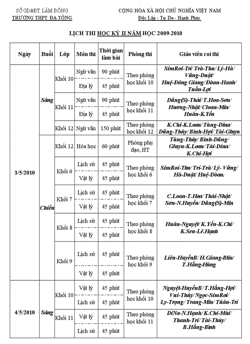 Lịch thi HK II năm 2009 2010