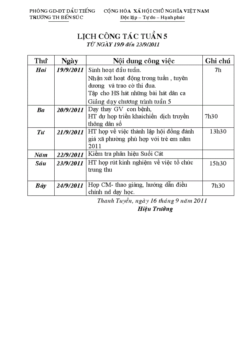 Lịch công tác tuần 5 NH 11 12