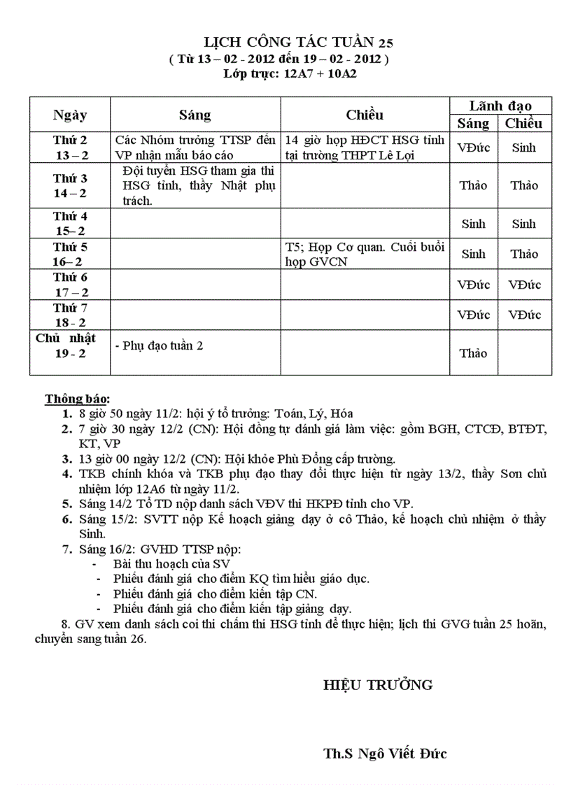 Lịch công tác tuần 25