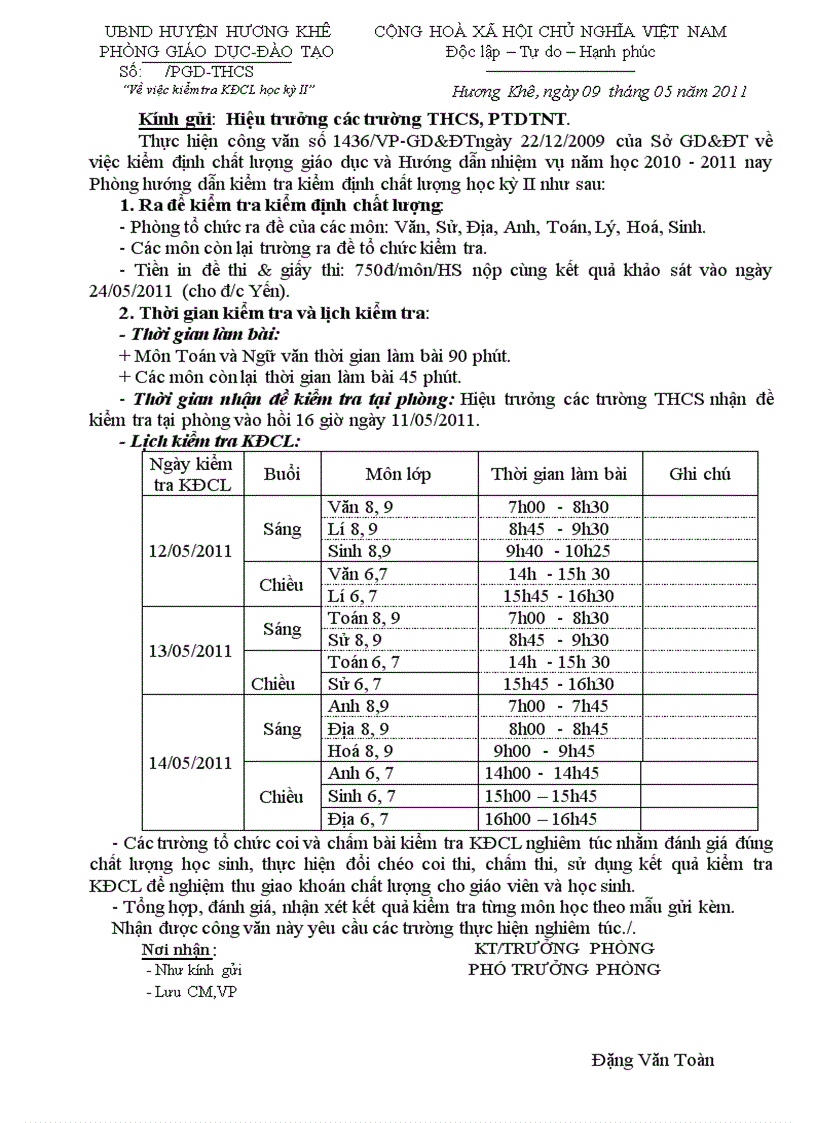 Lịch khảo sát cuối năm học 2010 2011