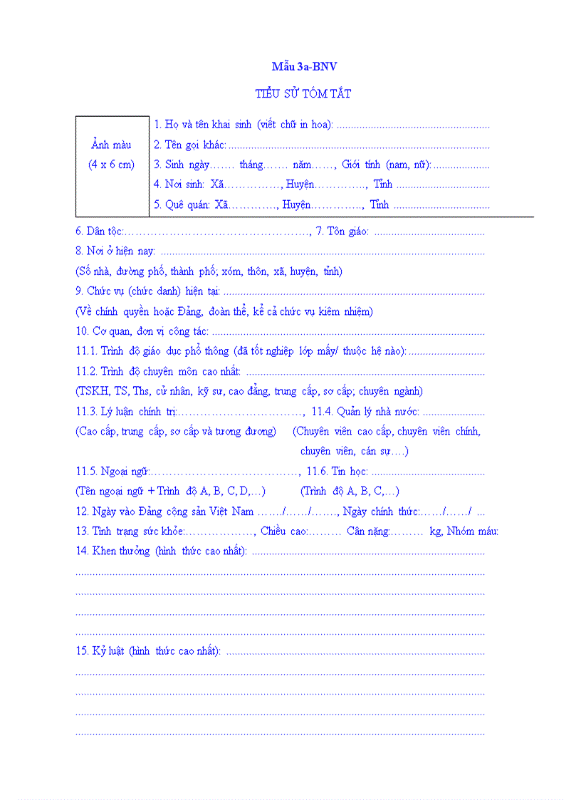 Mẫu tiểu sử tóm tắt mẫu 3a BNV