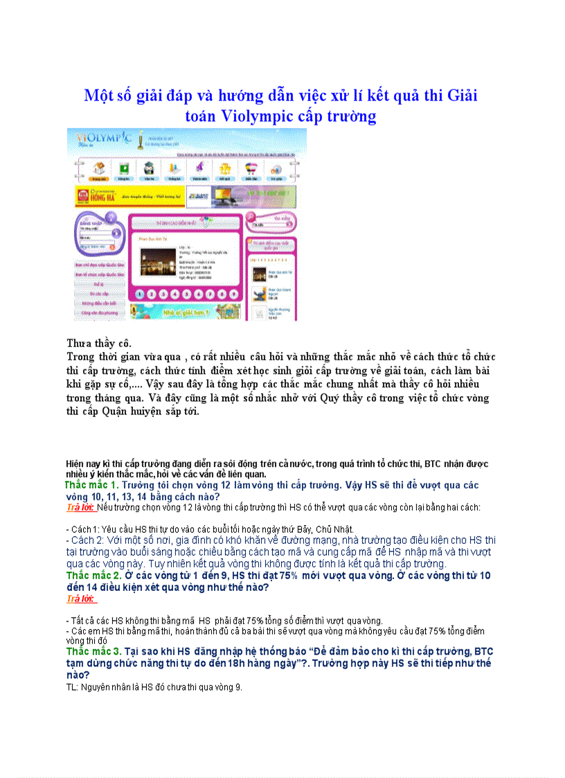 Một số giải đáp và hướng dẫn việc xử lí kết quả thi Giải toán Violympic cấp trường