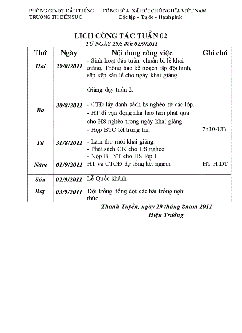 Lịch công tác tuần 2 NH 11 12