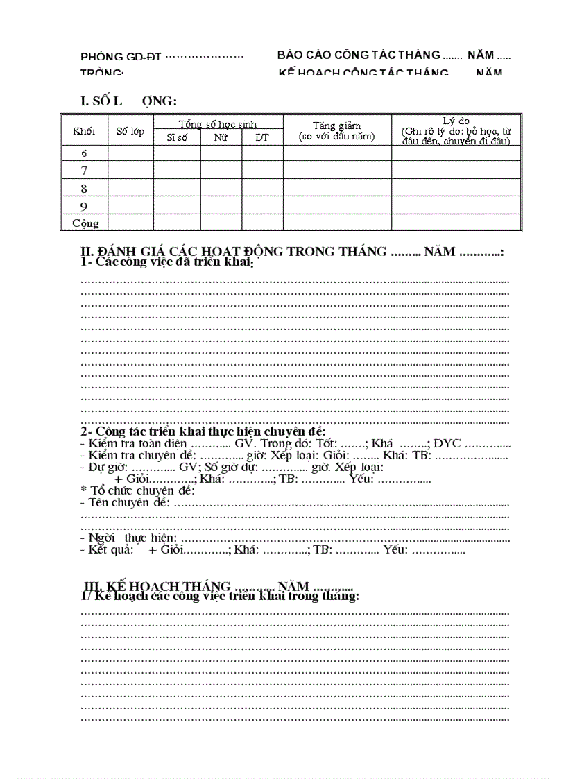 Mẫu báo cáo công tác chuyên môn tháng