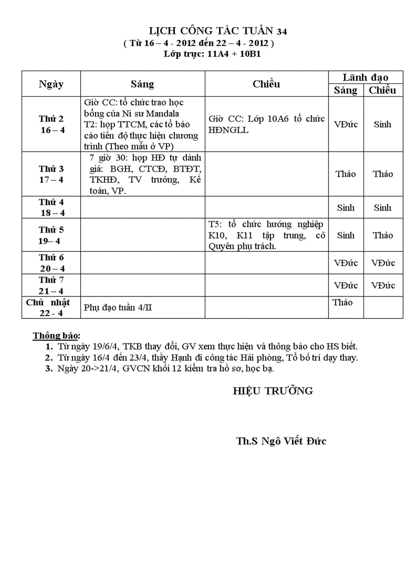 Lịch công tác tuần 34