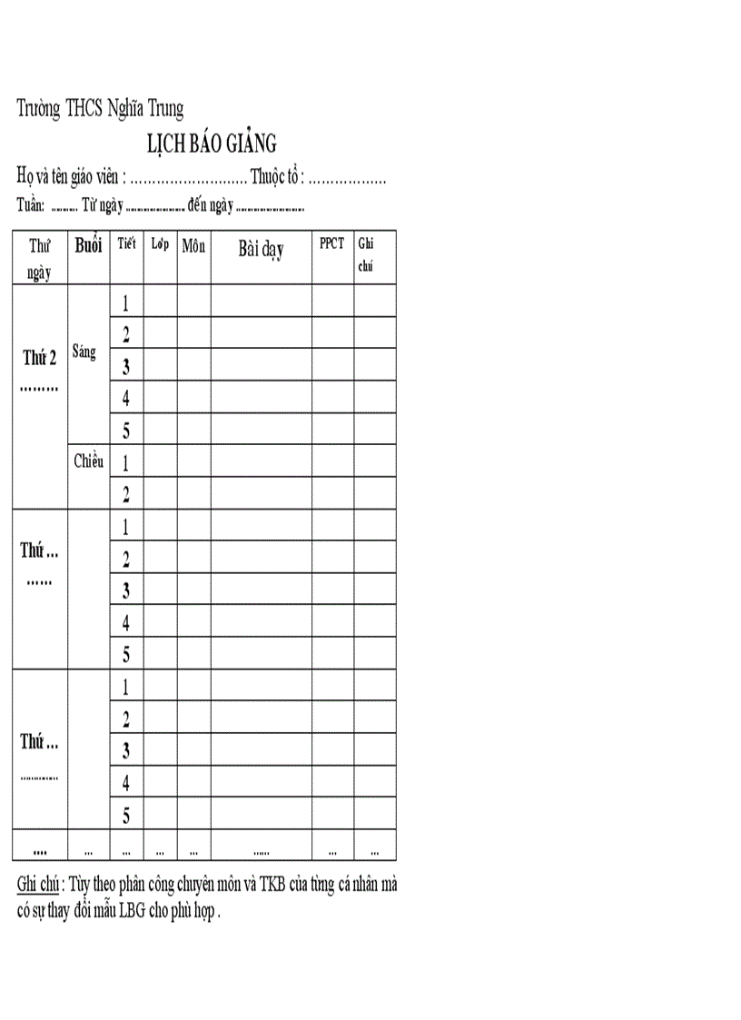 Mẫu lich bao giảng 1