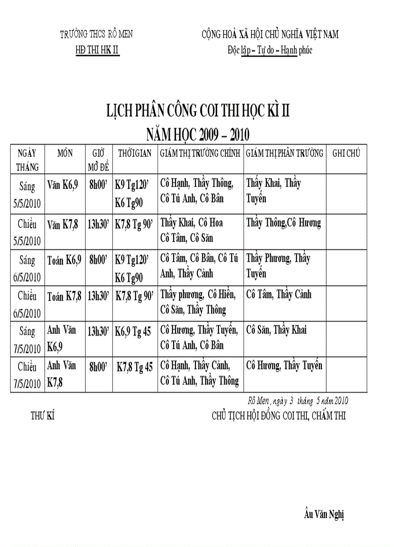 Lịch phân công coi thi học kỳ ii năm học 2009 2010