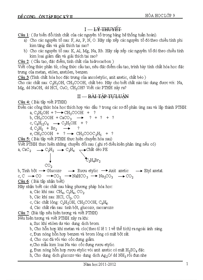 Mới đề cương ôn tập hóa học 9 kì ii