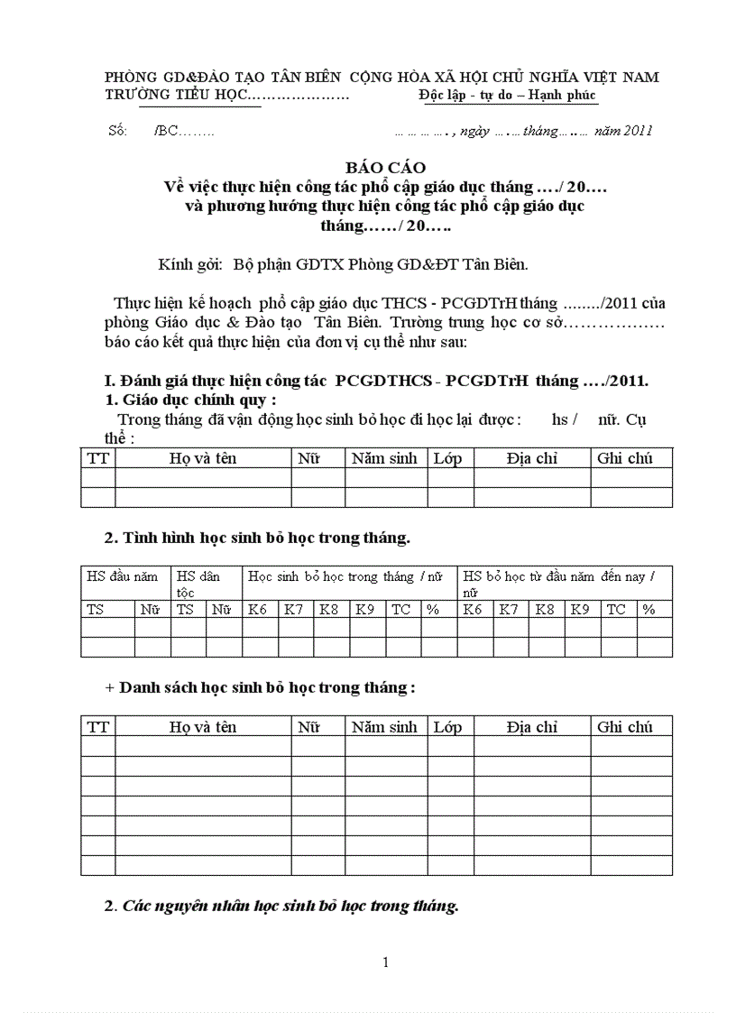 Mẫu báo cáo tháng về Phổ cập Giáo dục THCS 2011 2012 doc