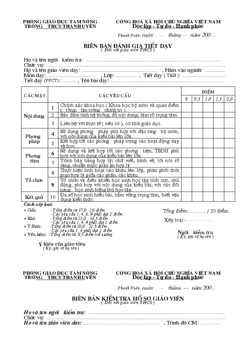 Mẫu biên bản đánh giá tiết dạy
