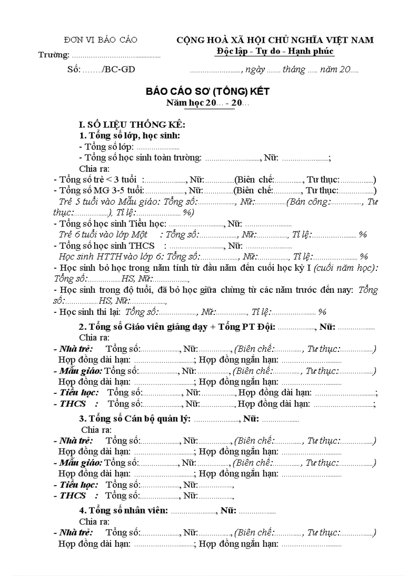 Mẫu báo cáo sơ kết tổng kết năm học 2010 2011