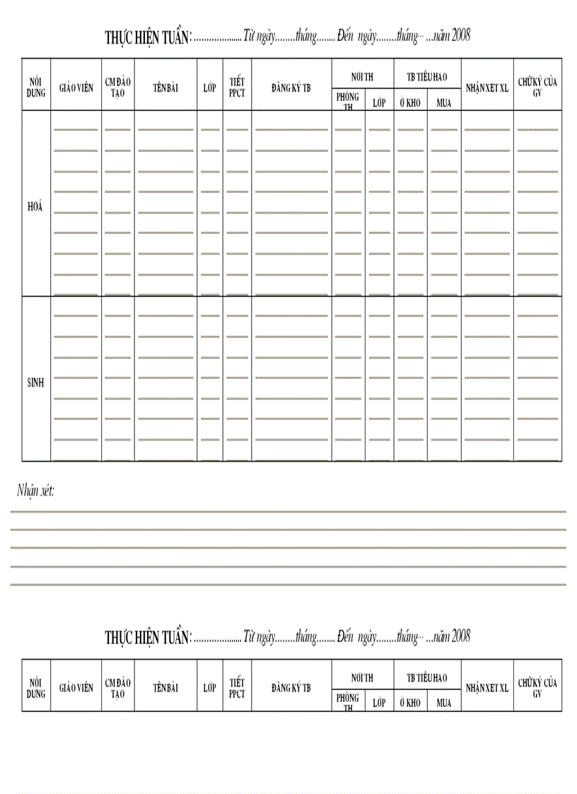 Mẫu sổ T dõi thực hiện tiết T hành THCS