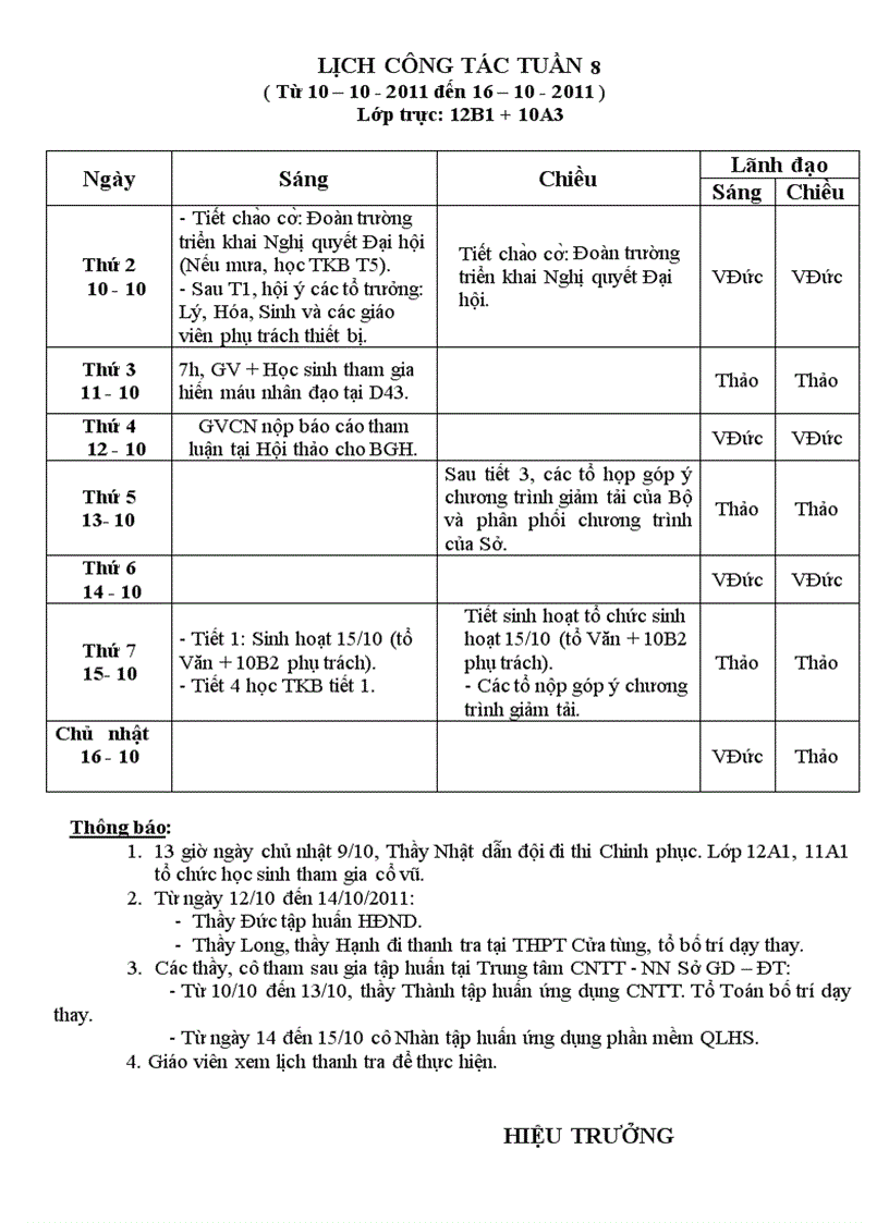 Lịch công tác tuần 08