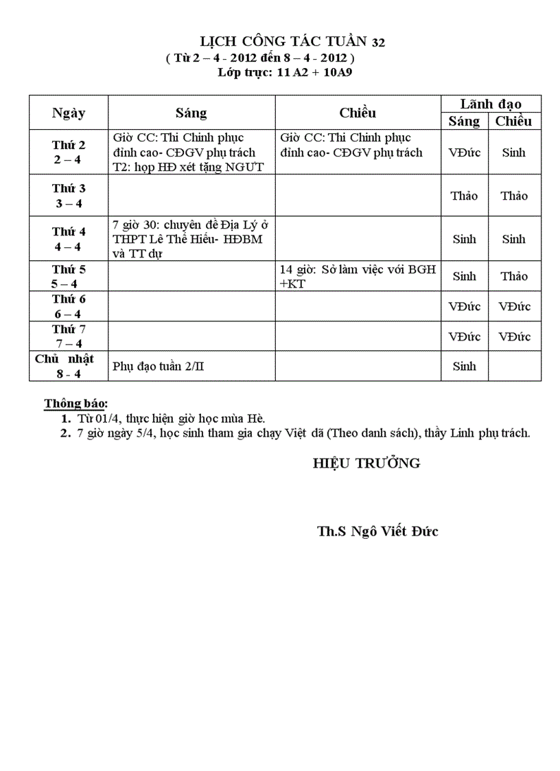 Lịch công tác tuần 32