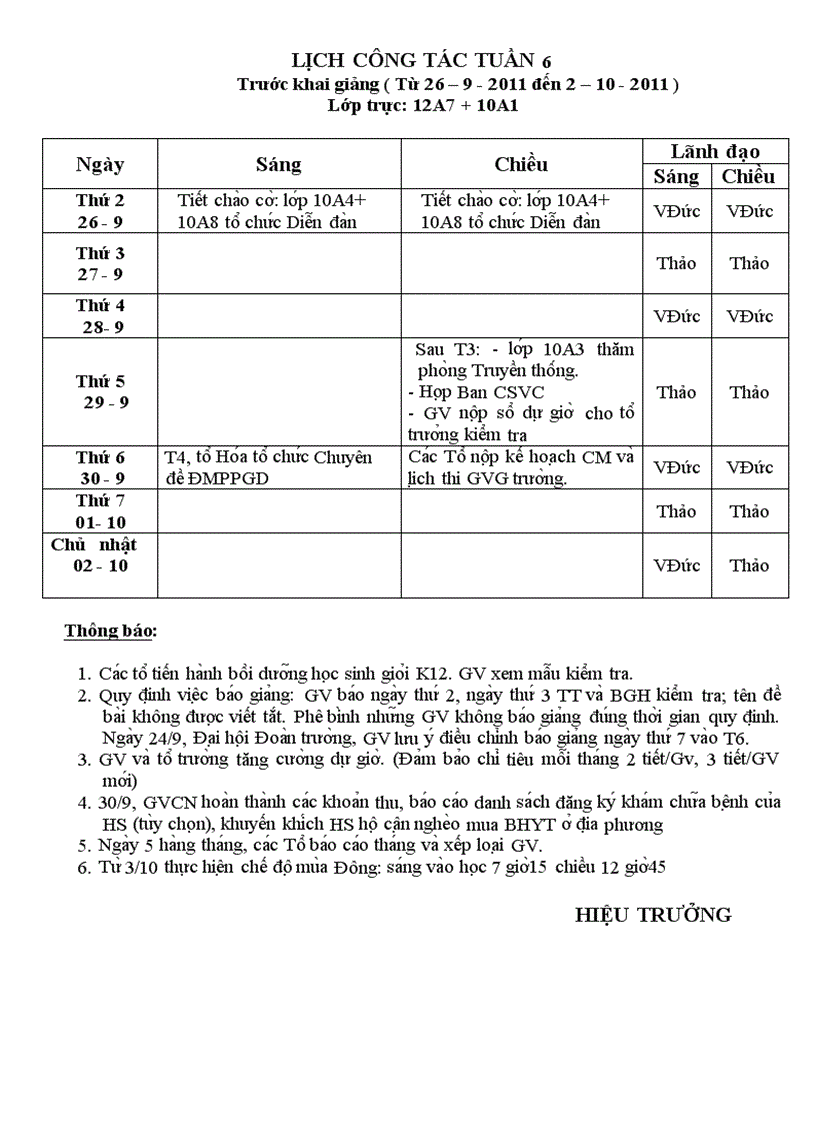 Lịch công tác tuần 06