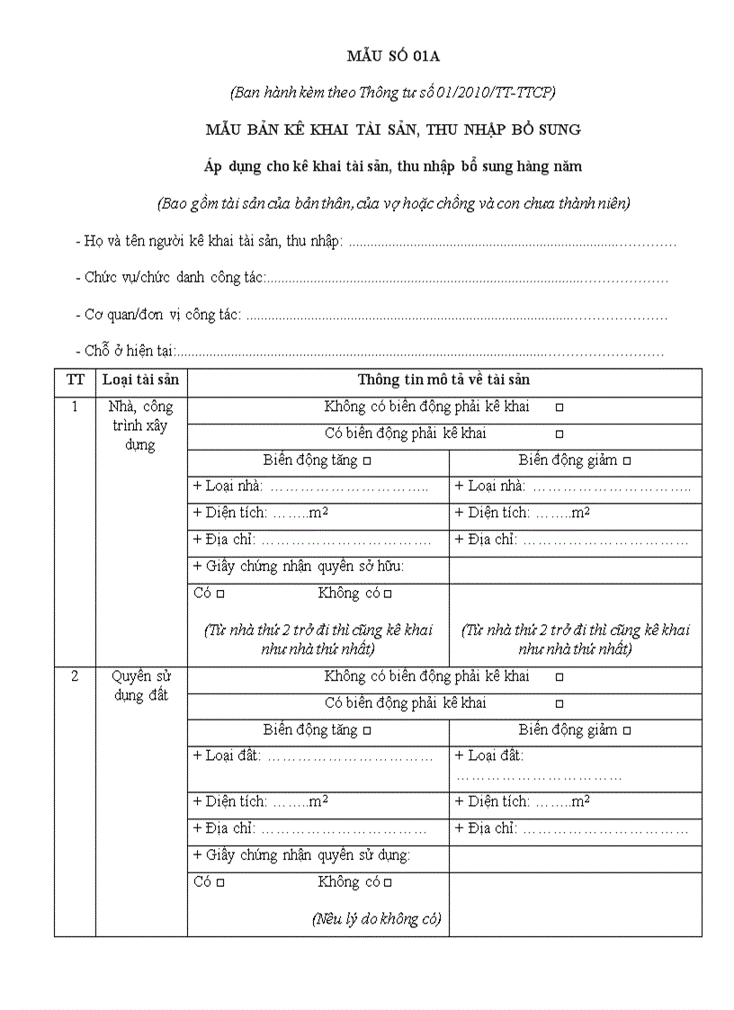 Mẫu 01A Kê khai minh bạch tài sản