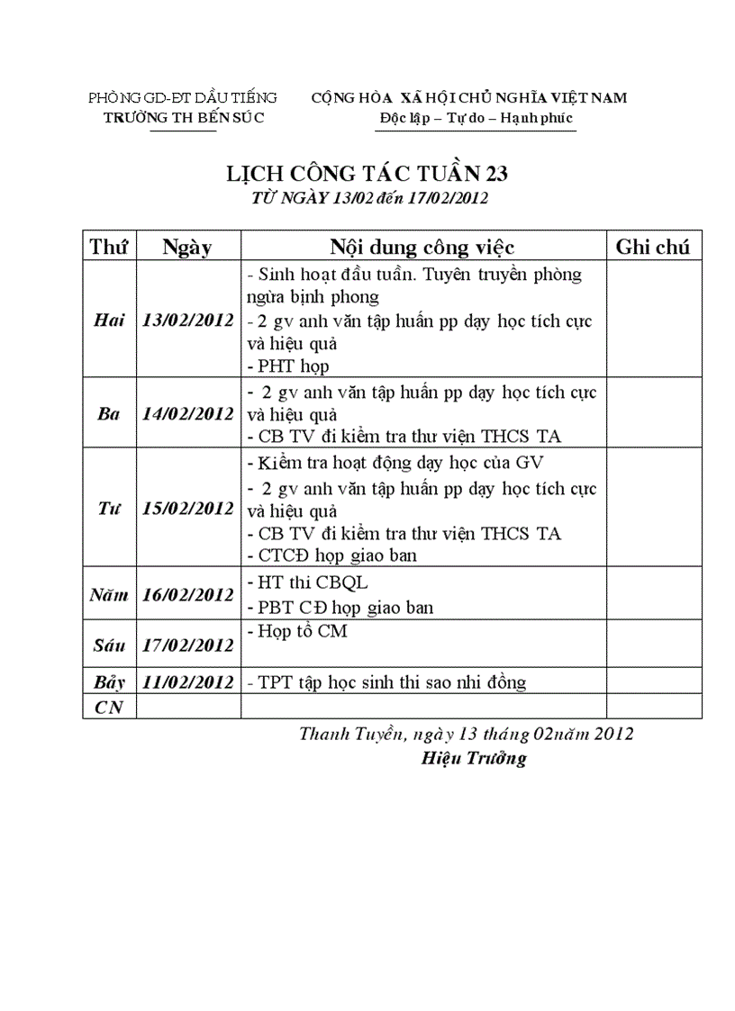 Lịch công tác tuần 23 NH 11 12