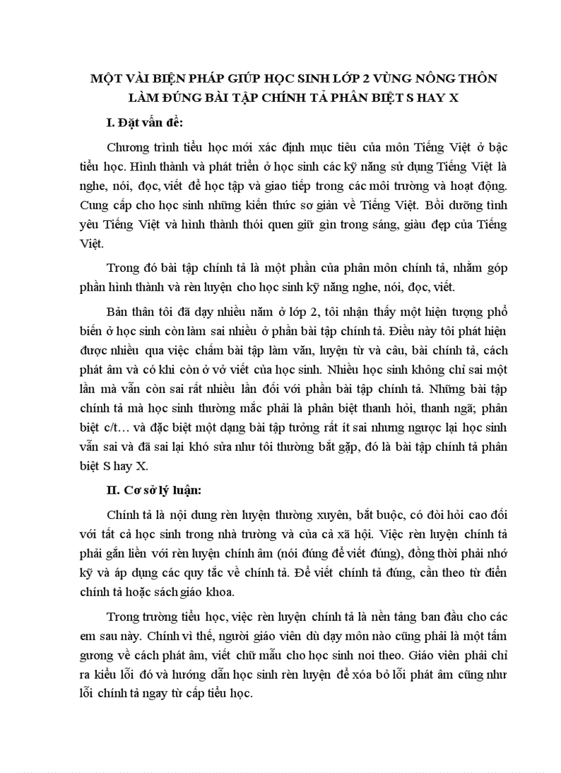 Một vài biện pháp giúp học sinh lớp 2 vùng nông thôn làm đúng bài tập chính tả phân biệt s hay x
