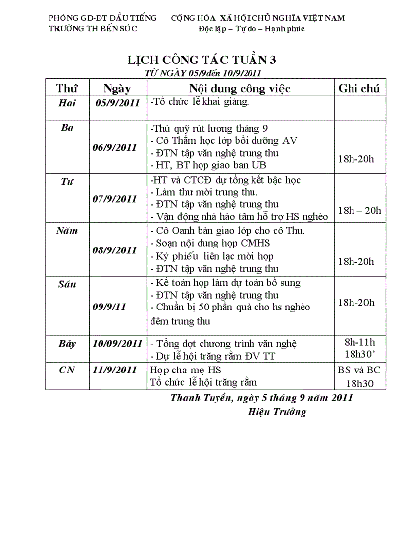 Lịch công tác tuần 3 NH 11 12