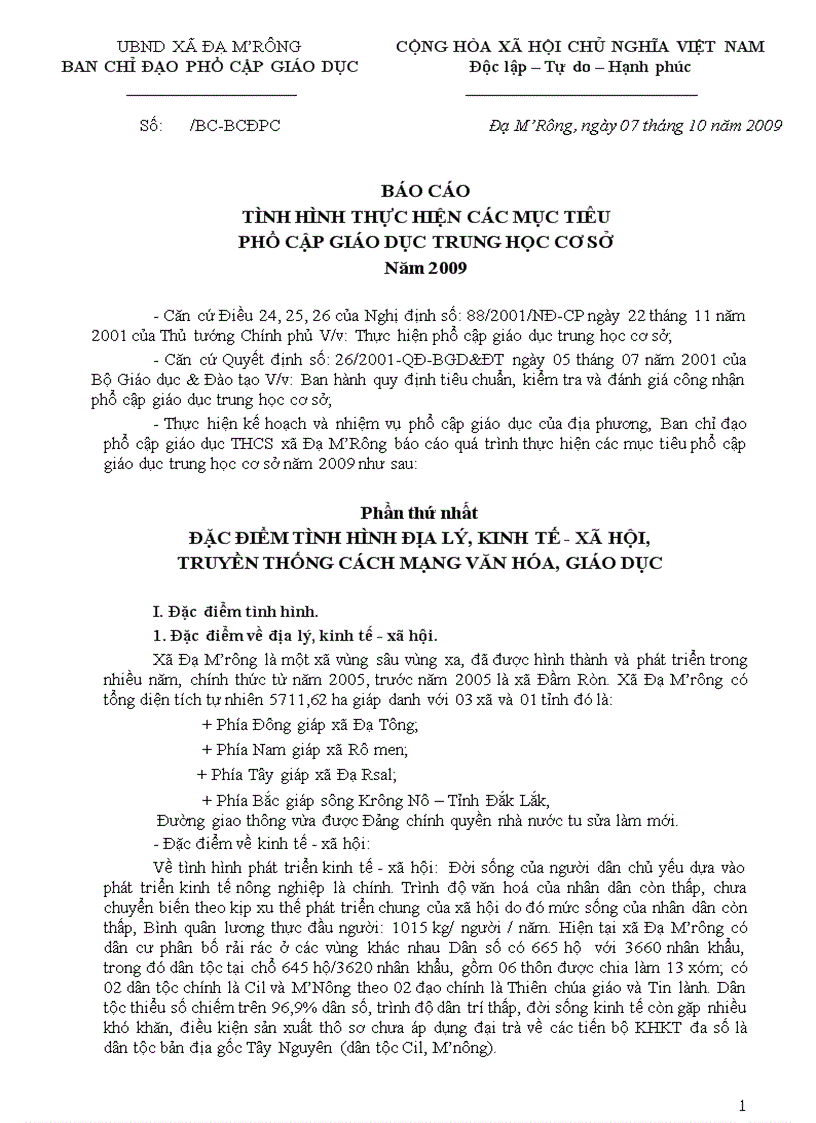 Mẫu bìa báo cáo kết quả duy trì PCGD 2009