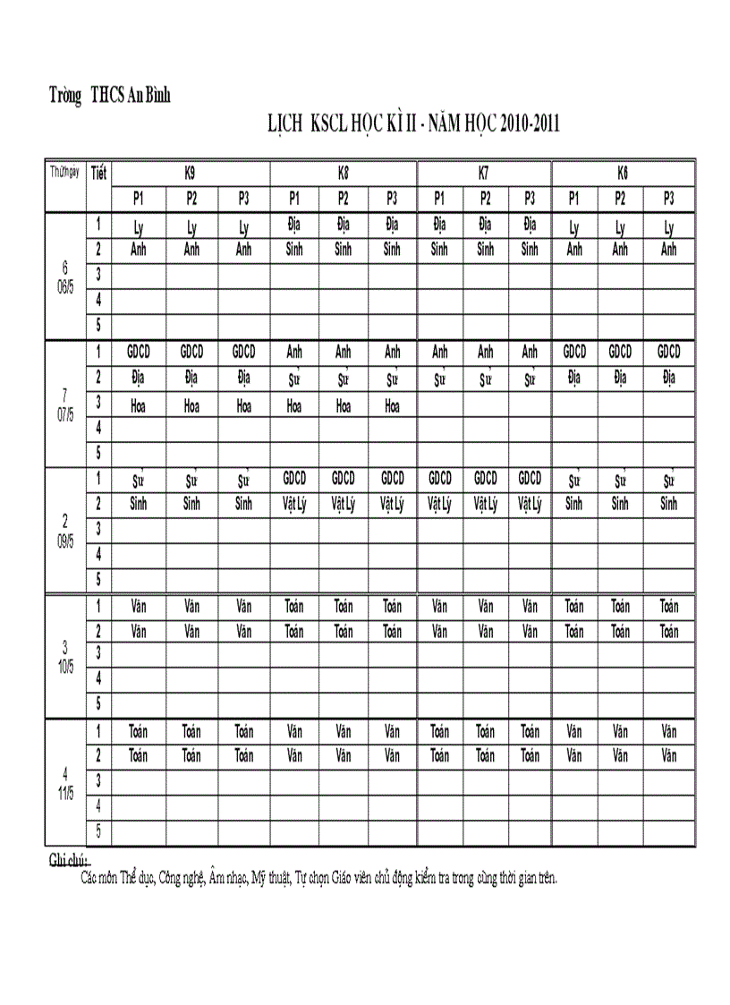 Lịch kscl kì ii thcs an bình