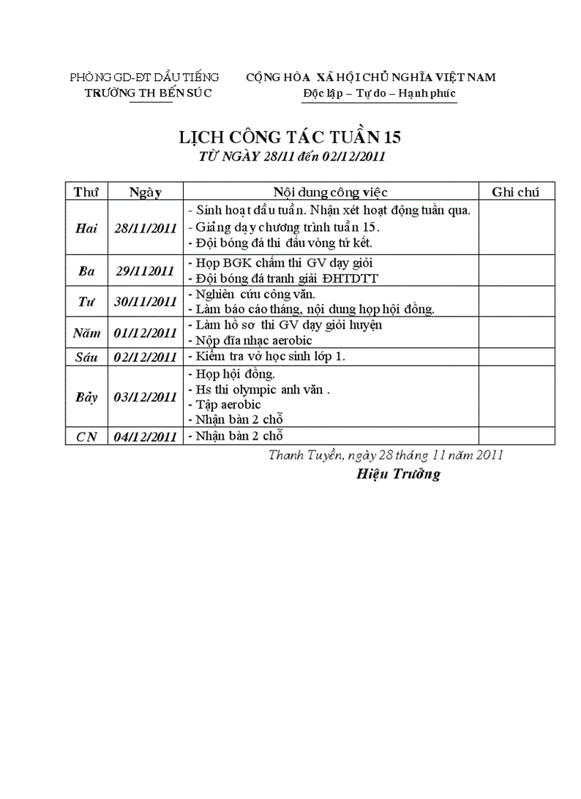 Lịch công tác tuần 15 NH 11 12