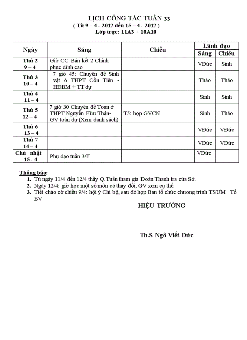 Lịch công tác tuần 33