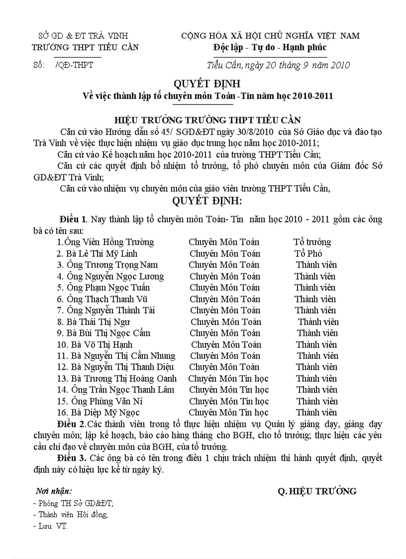 QĐ thành lập các tổ chuyên môn Toán Tin 2010 2011
