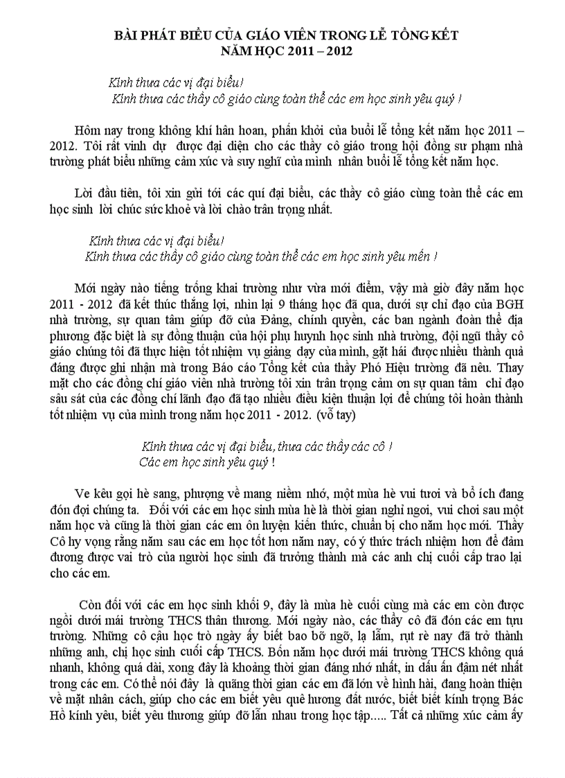 Pháy biểu GV PHHS trong tổng kết năm học