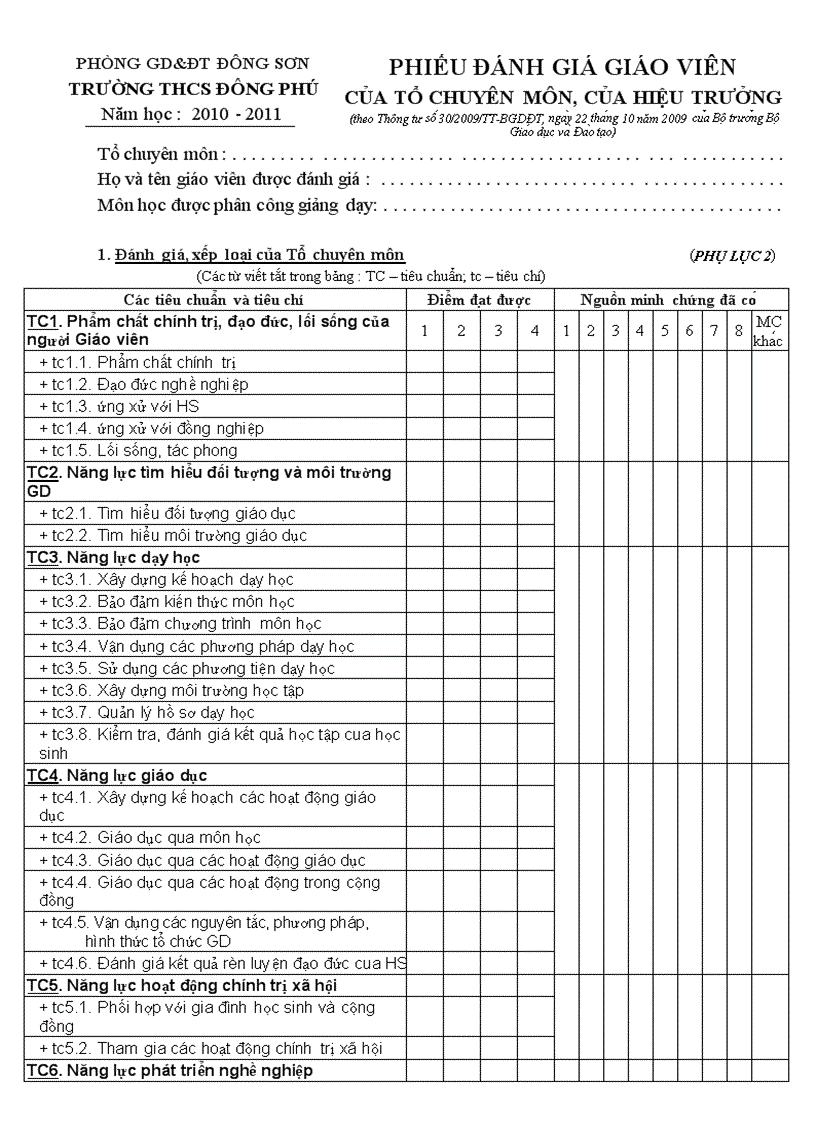 PHỤ LỤC 2 PHIẾU ĐÁNH GIÁ GIÁO VIÊN CỦA TỔ CHUYÊN MÔN THEO THÔNG TƯ 30 CHUẨN NNGVTrH