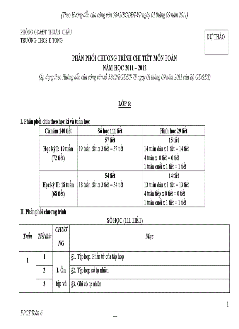 Ppct môn toán 6 điều chỉnh