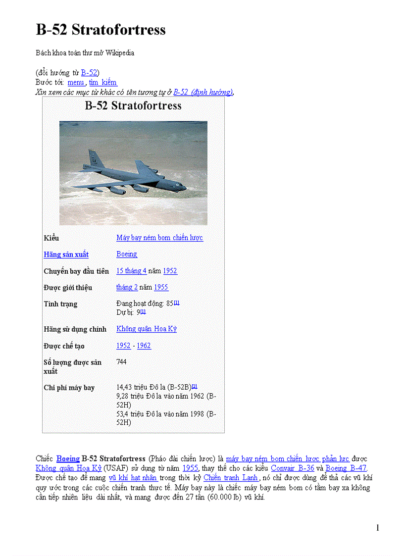 Pháo đài bay B52 Tính năng và thông số kĩ thuật
