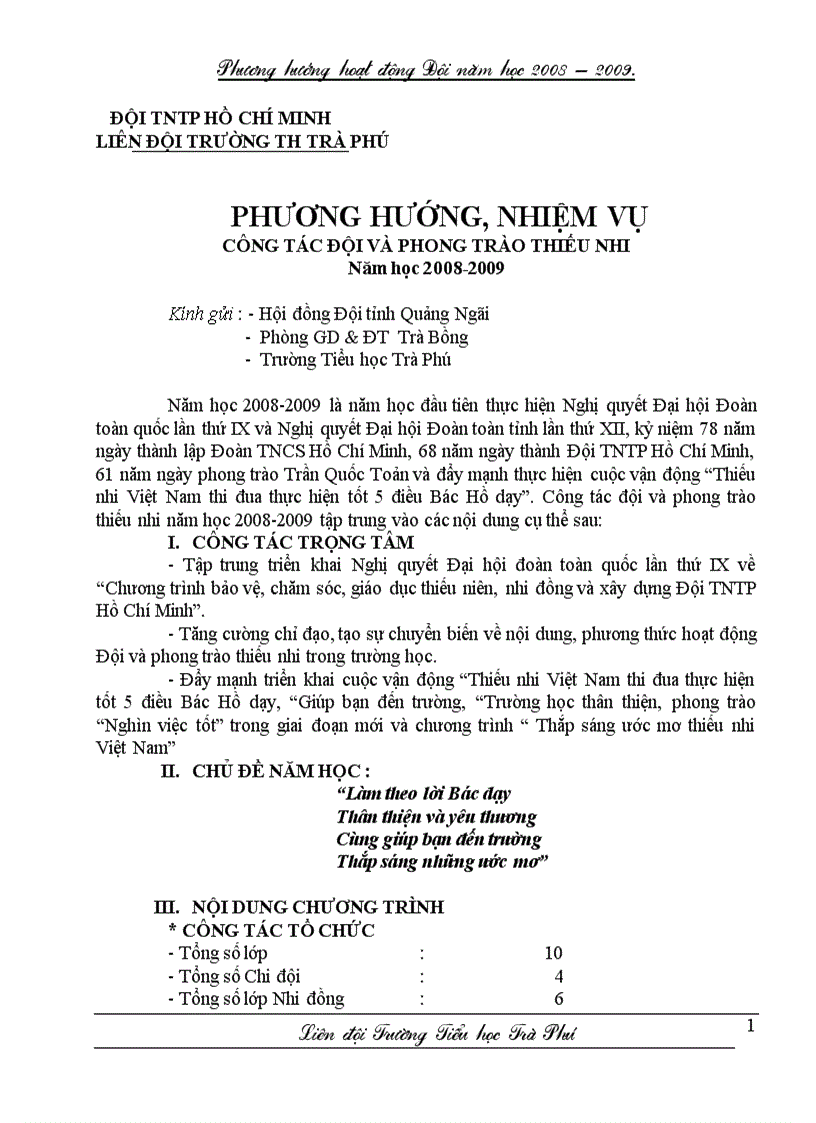 Phương hướng HĐ Đội năm 2008 2009 Tiểu học và trung học