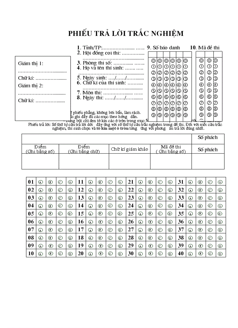 Phiếu trả lời trắc ngiệm