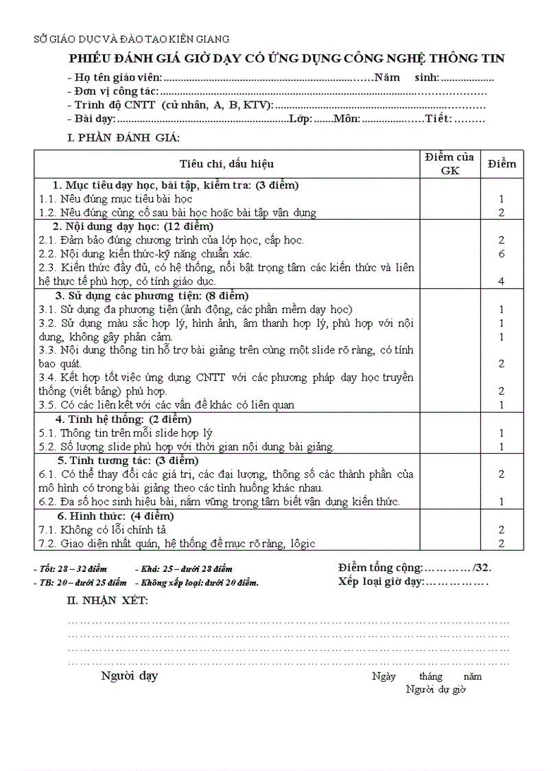 Phiếu Đánh Giá Giờ Dạy Có Ứng Dụng CNTT